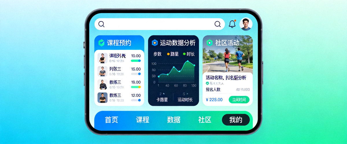 智能化全民健身服务平台手机界面示意图，展示课程预约、运动数据分析和社区活动功能