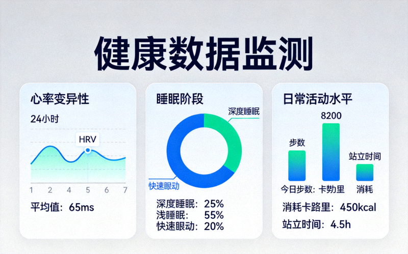 健康数据可视化仪表盘展示心率变异性、睡眠阶段和日常活动水平