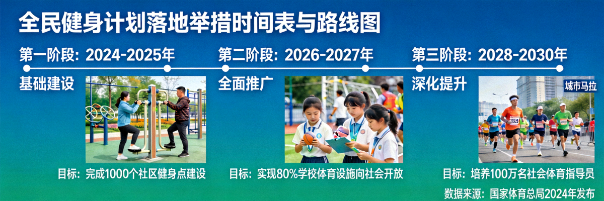 全民健身计划落地举措时间表与路线图，展示各阶段目标