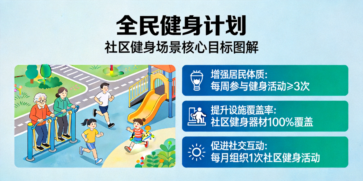 全民健身计划政策文件封面及核心目标图解，展现社区健身场景