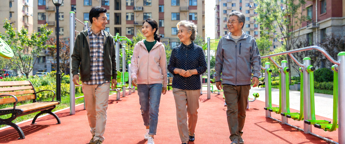 社区居民在新建的健身步道上愉快行走，背景是完善的社区健身设施