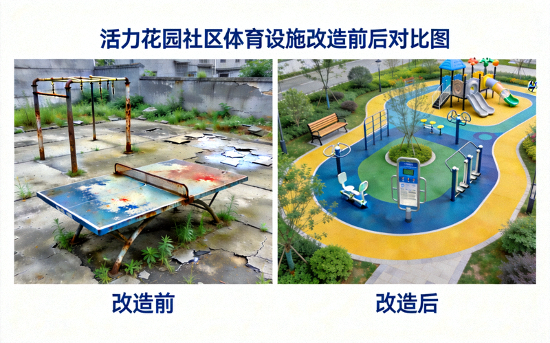 ‘活力花园’社区体育设施改造前后对比图，从老旧场地变为现代化健身公园