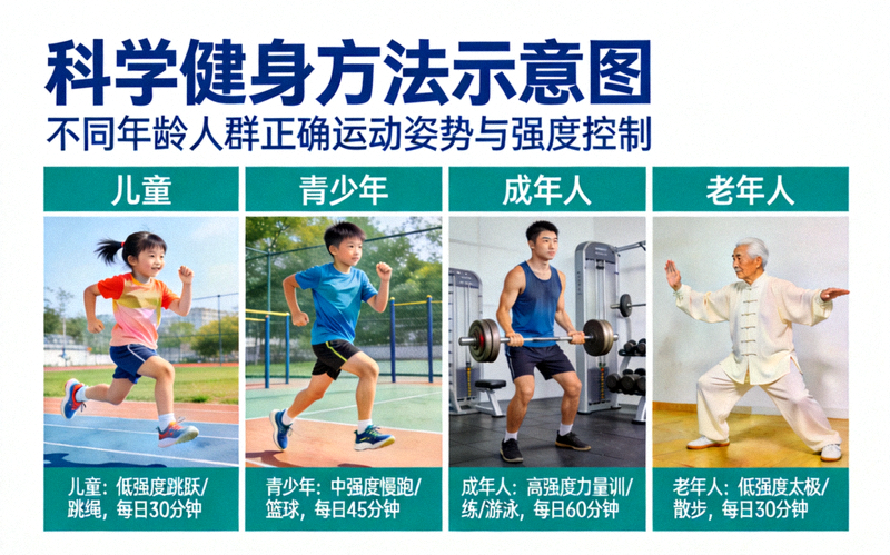 科学健身方法示意图，展示不同年龄人群的正确运动姿势与强度控制