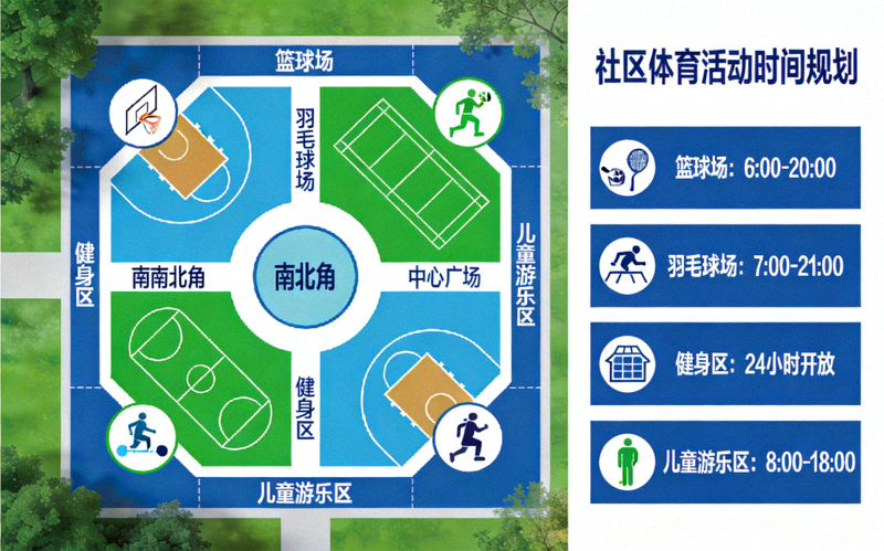 社区体育活动规划示意图，展示不同运动区域布局与时间安排