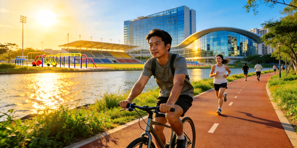 城市滨水绿道上，市民或骑行或慢跑，远处是现代建筑与自然景观和谐交融，展现体育设施与城市生活空间的完美结合
