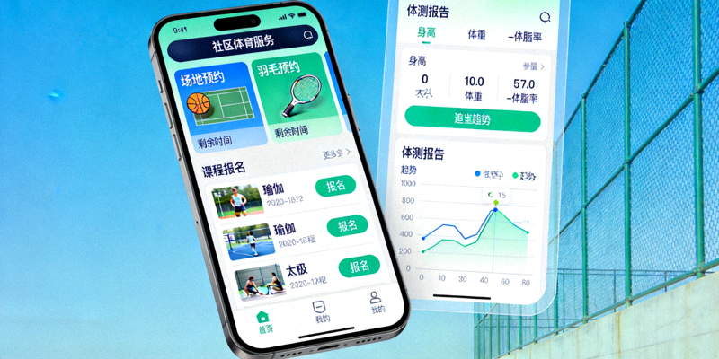 手机屏幕上展示社区体育服务小程序界面，包含场地预约、课程报名和体测报告功能