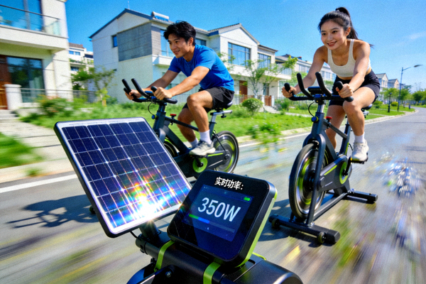 太阳能智能竞赛健身车，两位居民正在比拼骑行速度，屏幕显示实时功率