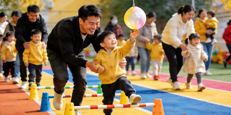 亲子运动会中家长与孩子共同完成趣味障碍赛，笑容满面