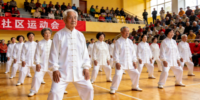 社区老年太极拳队在运动会上进行集体表演，动作整齐划一