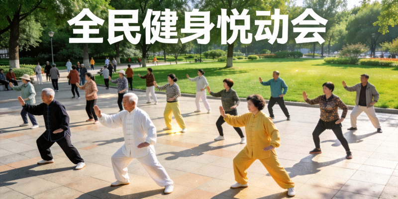 全民健身悦动会市民在公园广场参与太极、健身操等集体活动