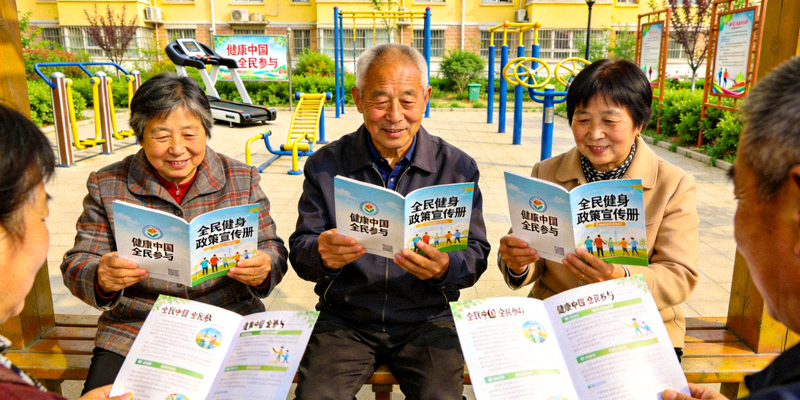市民在阅读全民健身政策宣传册，背景为社区健身点
