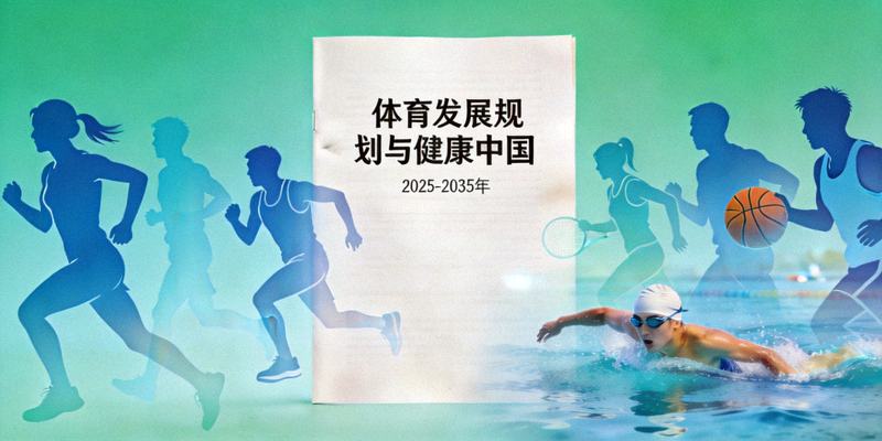 政策文件封面与运动人群剪影叠加，象征体育发展规划与健康中国