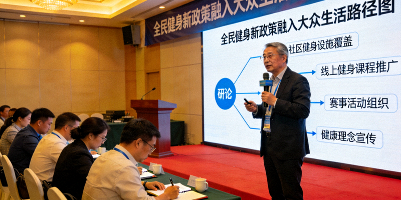 专家在研讨会上解读全民健身新政策，屏幕显示融入大众生活的路径图
