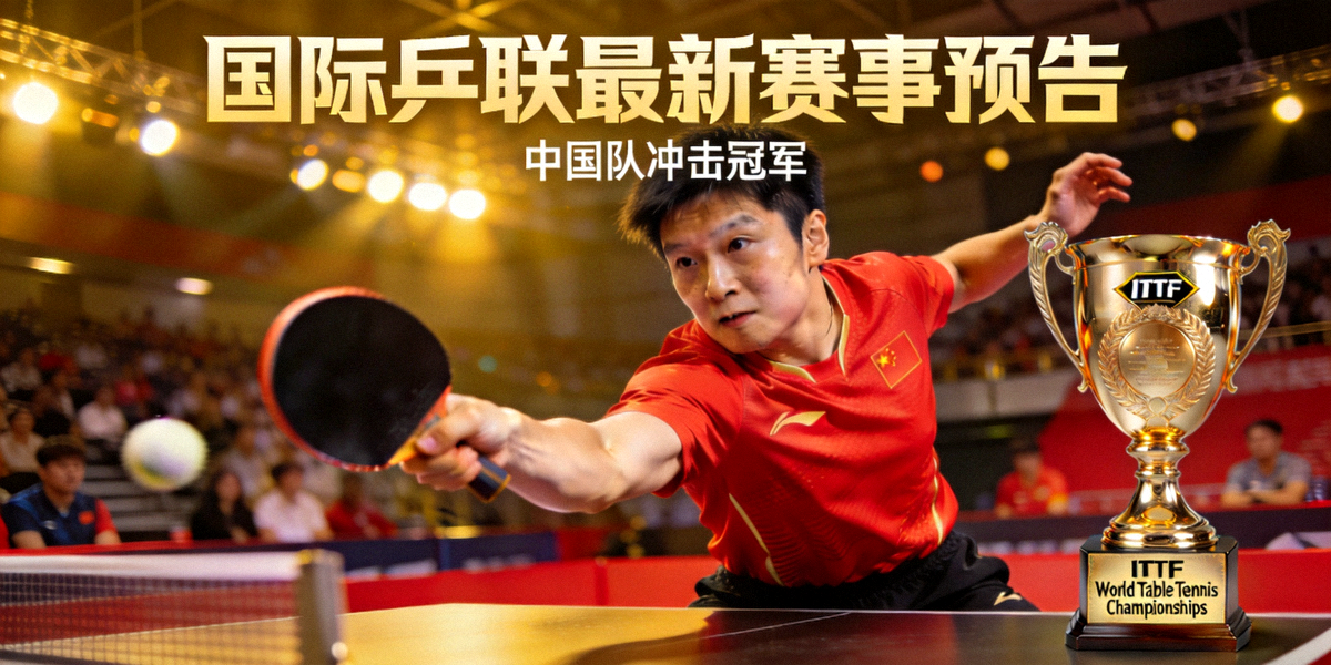 国际乒联最新赛事预告主视觉图，展示中国队选手在赛场上的拼搏瞬间与冠军奖杯