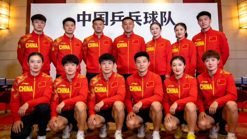 中国乒乓球队参赛阵容集体合影，队员们身穿国家队队服精神抖擞