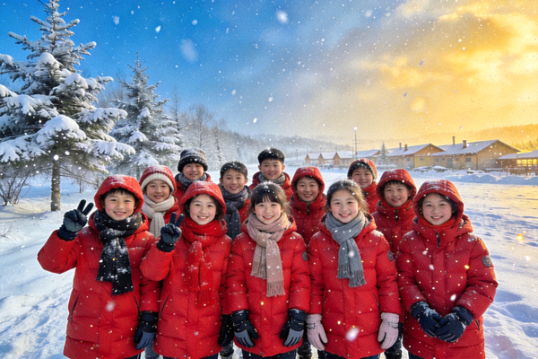 冬季研学活动中，学生们在户外雪场合影留念