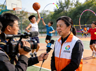 媒体记者采访公益项目负责人，背景为青少年运动画面