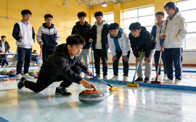 校园冰壶比赛现场，学生们专注投壶，团队协作氛围浓厚