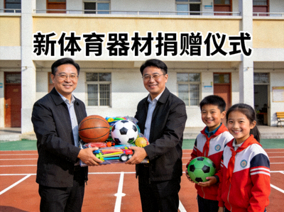 新体育向学校代表捐赠篮球、足球等体育器材，孩子们笑容灿烂