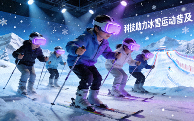 学生佩戴VR设备体验虚拟滑雪，科技助力冰雪运动普及