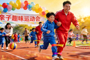亲子趣味运动会中家长与孩子共同完成比赛