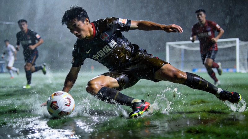 中超保级球队在雨中激烈拼抢，球员奋不顾身铲球瞬间