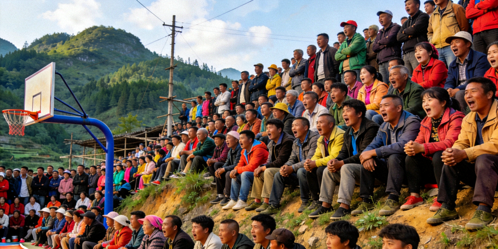 贵州某乡村篮球赛现场，观众围坐山坡上呐喊助威，场面蔚为壮观