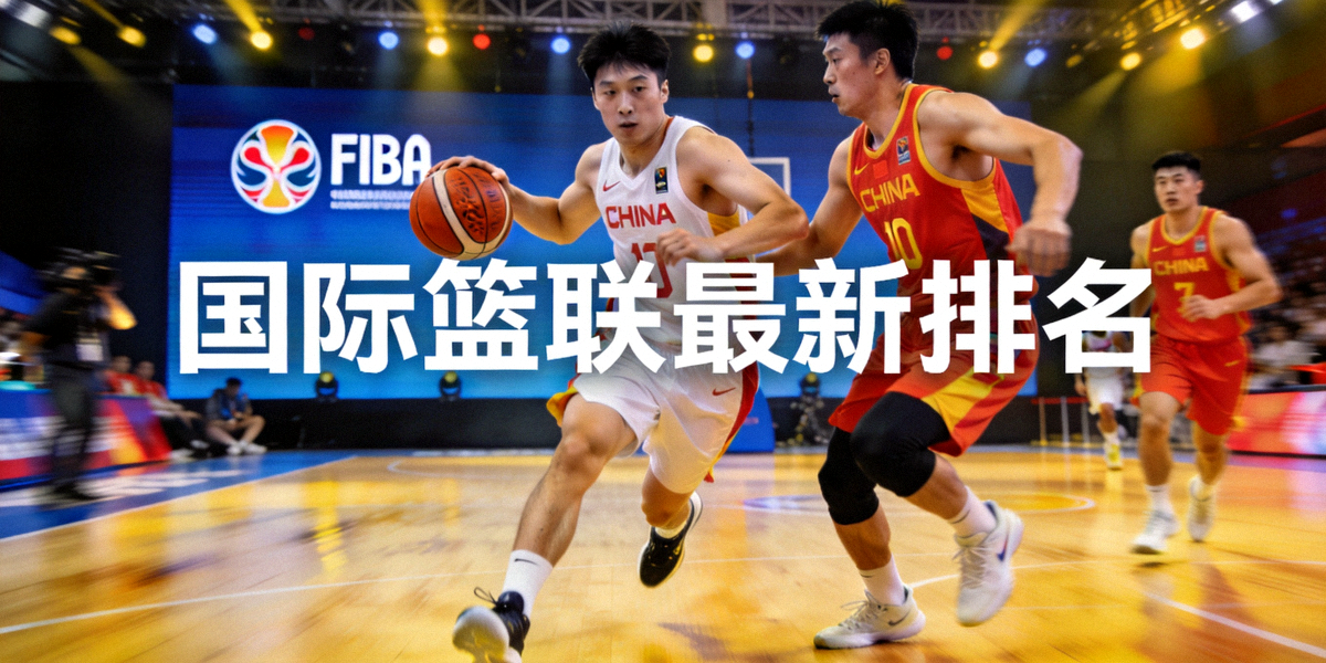 国际篮联最新排名发布会现场，中国男篮队员在赛场拼搏的瞬间，背景显示FIBA标志
