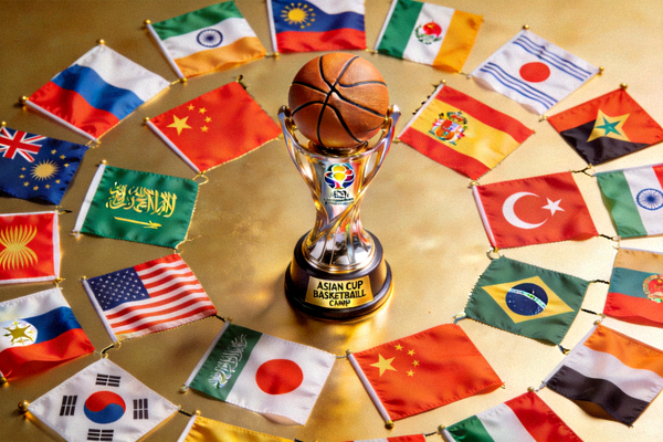亚洲杯篮球赛奖杯与各国国旗组合设计图