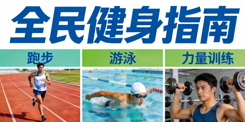 全民健身指南封面，包含跑步、游泳、力量训练等运动图示