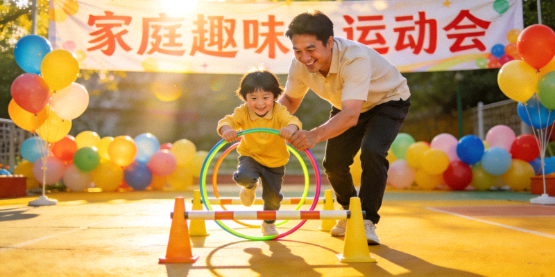 家庭趣味运动会现场，家长与孩子共同完成障碍跑，笑容满面